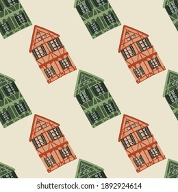 Europe building seamless pattern with orange and green house silhouettes. Light pastel background. Perfect for fabric design, textile print, wrapping, cover. Vector illustration.