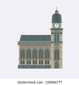 Europe catholic church vector illustration. Roman cathedral with dome and clock tower. Tourist religious landmark for maps and websites. Flat design cathedral isolated on white background.