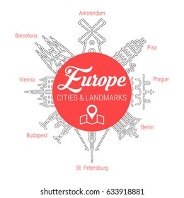 Europe: Cities & Landmarks. Amsterdam, Pisa, Prague, Berlin, St. Petersburg, Budapest, Vienna, Barcelona line icons.