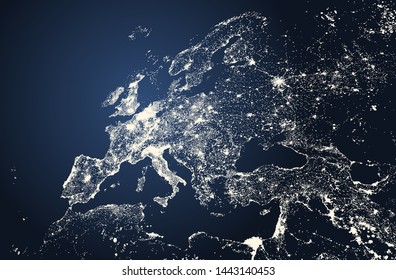 Europe cities lights map vector high detailed illustration