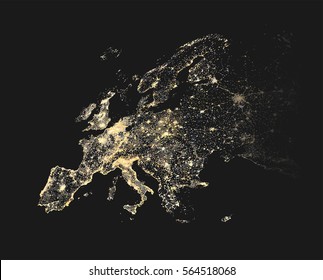 Europe cities at night and communications lights map vector illustration