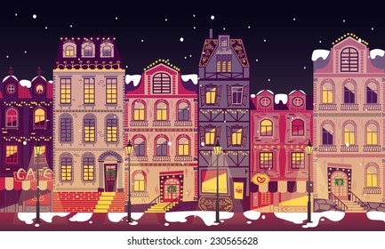 Europe city houses at Christmas night vector