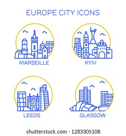 Europe city icons. Set of four citys. Marseille, Kyiv, Leeds, Glasgow.  Vector