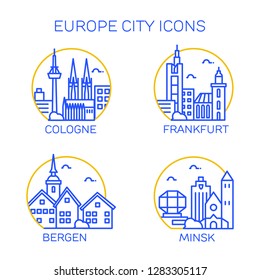 Europe city icons. Set of four citys. Cologne, Frankfurt, Bergen, Minsk.  Vector