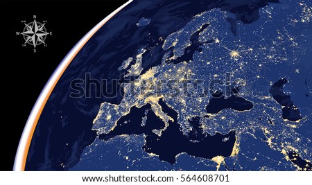 Europe city lights map from space vector illustration