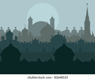 Europe city vector background with many cathedrals and churches