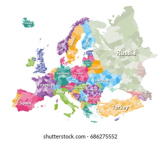 Europe colored political map with countries administrative divisions' regions. Vector illustration