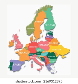 Colorido mapa de Europa. Elementos gráficos para crear libros de texto geográficos. Formación y educación. diapositiva de presentación, infografía útil, concepto de transporte mundial. Dibujo vectorial plano de dibujos animados