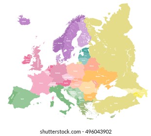 Europe colorful political map. All elements detachable and labeled. Vector