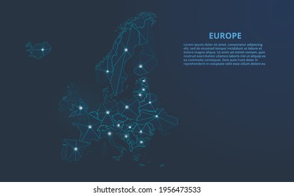 Europe communication network map. Vector low poly image of a global map with lights in the form of cities. Map in the form of a constellation, mute and stars