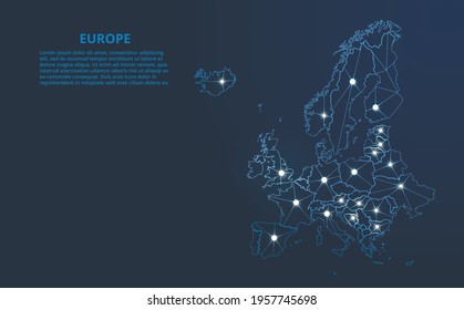 Europe communication network map. Vector low poly image of a global map with lights in the form of cities. Map in the form of a constellation, mute and stars