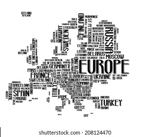 Europe continent city map tag cloud concept print. National capital of countries and other European cities word collage text pattern, black vector art image illustration, isolated on white background