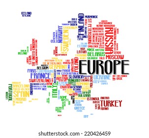 Europe continent city map tag cloud concept print. National capital of countries and other European cities word collage text pattern colorful vector, isolated on white. each country in different color