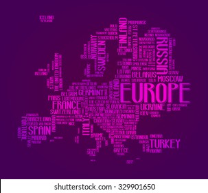 Europe continent city map tag cloud concept print. National capital of countries and other European cities area word collage text pattern, vector art image illustration, isolated on purple background