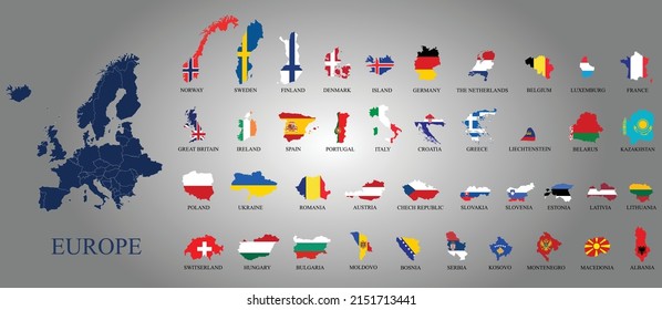 Europe continent high detailed map set with flags and country maps, set of European countries maps as flags.  