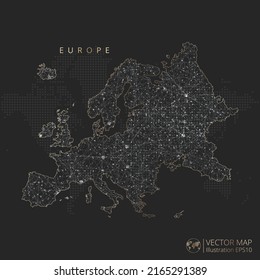 Europe Continent map abstract geometric mesh polygonal light concept with black and white glowing contour lines countries and dots on dark background. Vector illustration.