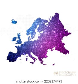 Mapa de Europa Continente en azul alambre geométrico con gradiente de estilo poligonal púrpura sobre fondo blanco. Ilustración vectorial Eps10.