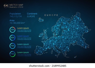 Mapa de Europa Continente infografía plantilla vectorial con mesh geométrica abstracta concepto de luz poligonal sobre fondo azul. Plantilla para diagrama, gráfico, presentación y gráfico.