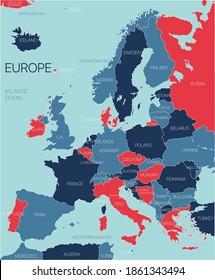 Europe continent vector map with countries. Vector editable illustration. Trending color scheme