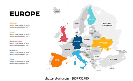 Europe continent vector map infographic template. Slide presentation. Global business marketing concept. Color Europe country. World transportation geography data. 