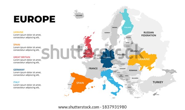 Europe continent vector\
map infographic template. Slide presentation. Global business\
marketing concept. Color Europe country. World transportation\
geography data. 