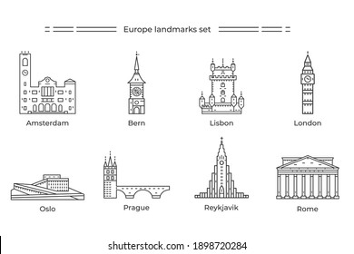 Europe countries landmarks of Amsterdam, Bern, Lisbon, London, Oslo, Prague, Reykjavik, Rome. England, Netherland, Norway, Chezh and other country sights.