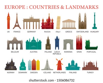 Europe Countries Landmarks Colorful Silhouette, Famous Place and Historical Buildings, Travel and Tourist Attraction