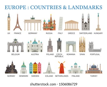 Europe Countries Landmarks in Flat Style, Famous Place and Historical Buildings, Travel and Tourist Attraction - Shutterstock ID 1506086729
