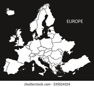 Europe with countries Map black and white illustration