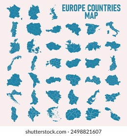 Europe countries maps with regions, isolated on white background. Germany, Netherland, Belgium, Luxemburg, Austria, Switzerland, France, Monaco, Lieehtenstein, Ireland, Great Britain.