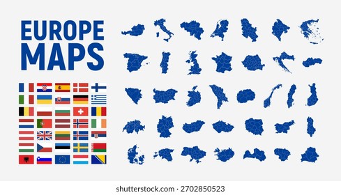 Conjunto de mapas de países de Europa. Conjunto de 36 banderas europeas. Mapas de Europa con regiones aisladas sobre un fondo blanco. Ilustración vectorial