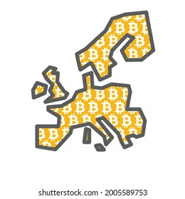 Mapa del país de Europa con el logotipo de la divisa criptográfica de bitcoin