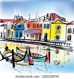 Europe country oldtown port in sketch style. Hand drawn boats and pier