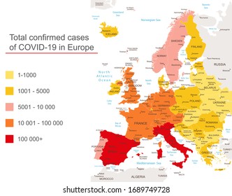 Europe Covid-19, Covid 19 Europe map confirmed cases. Coronavirus disease 2019 situation. Europa-highly detailed map.All elements are separated in editable layers clearly labeled. Vector