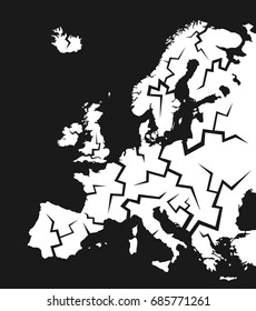 Europe with cracks - deterioration, decline, failure and decay of the continent. Troubles and problems leading to breakup, disintegration and split of the continent. Vector illustration