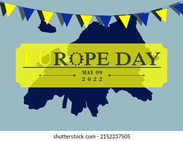 Europe Day 9th May. Europe Map an Flag Concept. Vector Background design, banner, poster or card with flags and lettering. Peace and unity in Europe celebrated on 9 May by the European Union.
