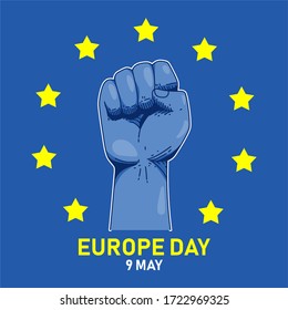 Europe Day 9th May  Vector Hand Fist Blue Color   yellow Stars