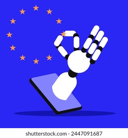 Europatag. Ai App Roboter hält Sterne. Flache Vektorillustration.