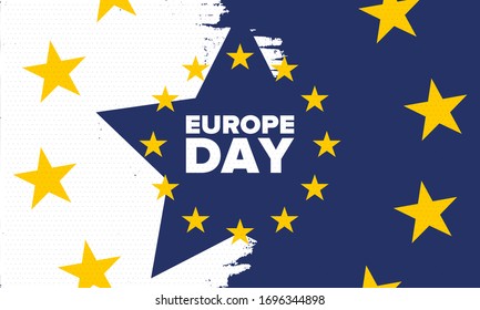 Europe Day. Annual public holiday in May. Is the name of two annual observance days - 5 May by the Council of Europe and 9 May by the European Union. Poster, card, banner and background. Vector