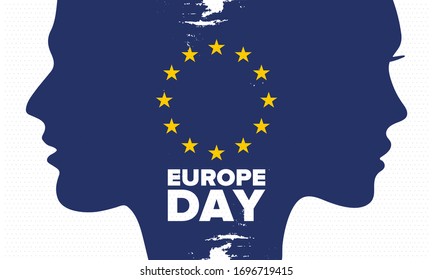 Europe Day. Annual public holiday in May. Is the name of two annual observance days - 5 May by the Council of Europe and 9 May by the European Union. Poster, card, banner and background. Vector