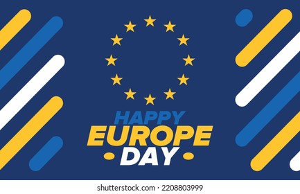 Día de Europa. Día festivo anual en mayo. Es el nombre de dos días de observancia anual: el 5 de mayo por el Consejo de Europa y el 9 de mayo por la Unión Europea. Cartel, tarjeta, cartel y fondo. Vector