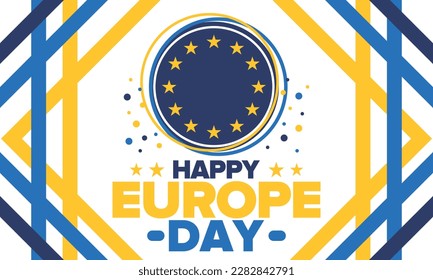 Día de Europa. Día festivo anual en mayo. Es el nombre de dos días de observancia anual: el 5 de mayo por el Consejo de Europa y el 9 de mayo por la Unión Europea. Cartel, tarjeta, cartel y fondo. Vector