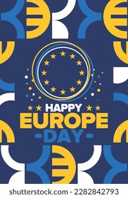 Día de Europa. Día festivo anual en mayo. Es el nombre de dos días de observancia anual: el 5 de mayo por el Consejo de Europa y el 9 de mayo por la Unión Europea. Cartel, tarjeta, cartel y fondo. Vector