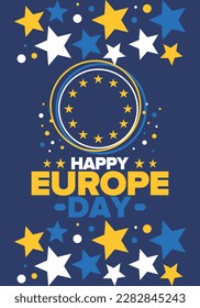 Día de Europa. Día festivo anual en mayo. Es el nombre de dos días de observancia anual: el 5 de mayo por el Consejo de Europa y el 9 de mayo por la Unión Europea. Cartel, tarjeta, cartel y fondo. Vector