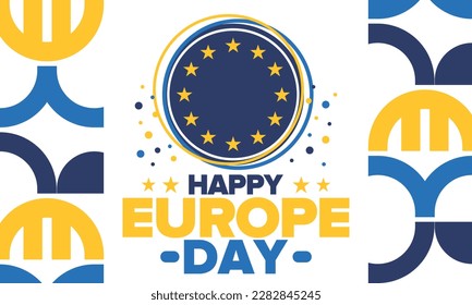 Día de Europa. Día festivo anual en mayo. Es el nombre de dos días de observancia anual: el 5 de mayo por el Consejo de Europa y el 9 de mayo por la Unión Europea. Cartel, tarjeta, cartel y fondo. Vector