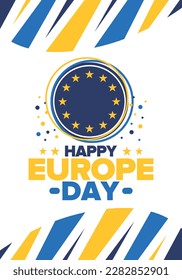 Día de Europa. Día festivo anual en mayo. Es el nombre de dos días de observancia anual: el 5 de mayo por el Consejo de Europa y el 9 de mayo por la Unión Europea. Cartel, tarjeta, cartel y fondo. Vector