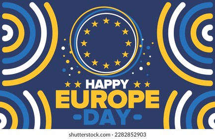 Día de Europa. Día festivo anual en mayo. Es el nombre de dos días de observancia anual: el 5 de mayo por el Consejo de Europa y el 9 de mayo por la Unión Europea. Cartel, tarjeta, cartel y fondo. Vector