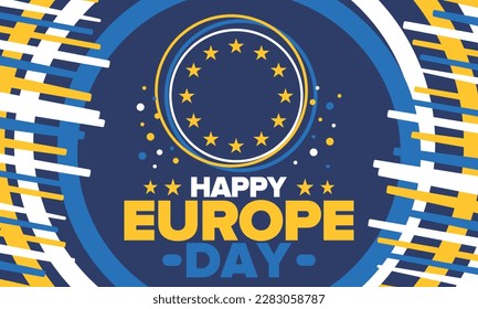 Día de Europa. Día festivo anual en mayo. Es el nombre de dos días de observancia anual: el 5 de mayo por el Consejo de Europa y el 9 de mayo por la Unión Europea. Cartel, tarjeta, cartel y fondo. Vector