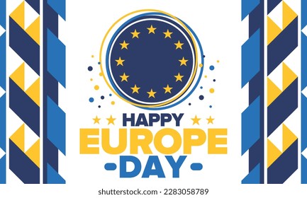 Día de Europa. Día festivo anual en mayo. Es el nombre de dos días de observancia anual: el 5 de mayo por el Consejo de Europa y el 9 de mayo por la Unión Europea. Cartel, tarjeta, cartel y fondo. Vector