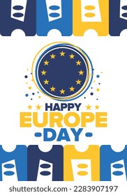 Día de Europa. Día festivo anual en mayo. Es el nombre de dos días de observancia anual: el 5 de mayo por el Consejo de Europa y el 9 de mayo por la Unión Europea. Cartel, tarjeta, cartel y fondo. Vector